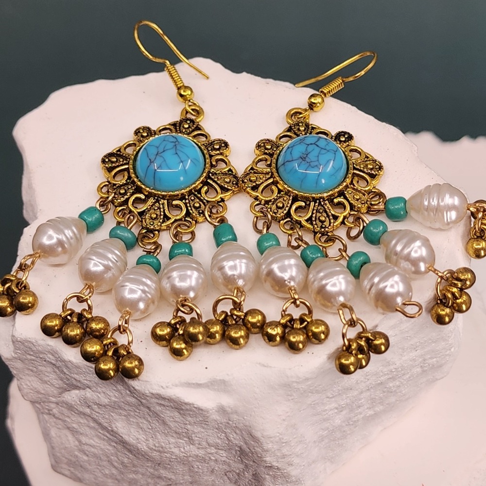Boho Turquoise Howlite Faux Pearl Gold Tone Filigree Chandelier Dangle Earrings